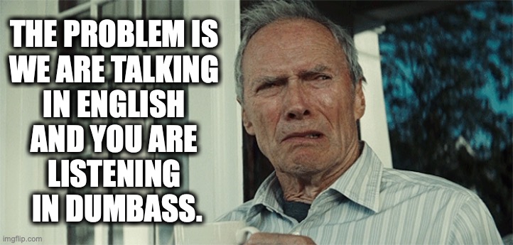 Clint Eastwood WTF | THE PROBLEM IS 
WE ARE TALKING 
IN ENGLISH 
AND YOU ARE 
LISTENING 
IN DUMBASS. | image tagged in clint eastwood wtf | made w/ Imgflip meme maker