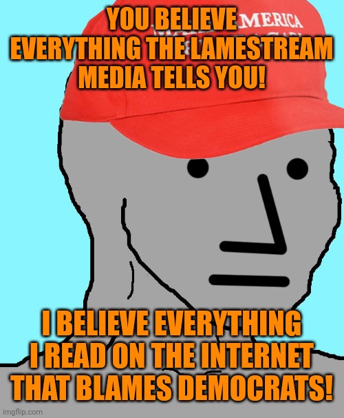 MAGA NPC | YOU BELIEVE EVERYTHING THE LAMESTREAM MEDIA TELLS YOU! I BELIEVE EVERYTHING I READ ON THE INTERNET THAT BLAMES DEMOCRATS! | image tagged in maga npc | made w/ Imgflip meme maker