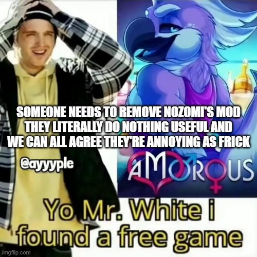 Yo Mr. White i found a free game | SOMEONE NEEDS TO REMOVE NOZOMI'S MOD
THEY LITERALLY DO NOTHING USEFUL AND WE CAN ALL AGREE THEY'RE ANNOYING AS FRICK | image tagged in yo mr white i found a free game | made w/ Imgflip meme maker