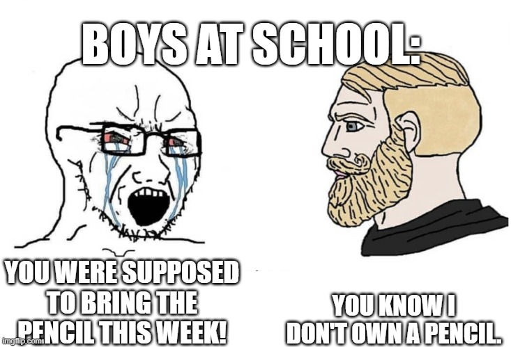 Boys @ School | BOYS AT SCHOOL:; YOU KNOW I DON'T OWN A PENCIL. YOU WERE SUPPOSED TO BRING THE PENCIL THIS WEEK! | image tagged in soyboy vs yes chad | made w/ Imgflip meme maker