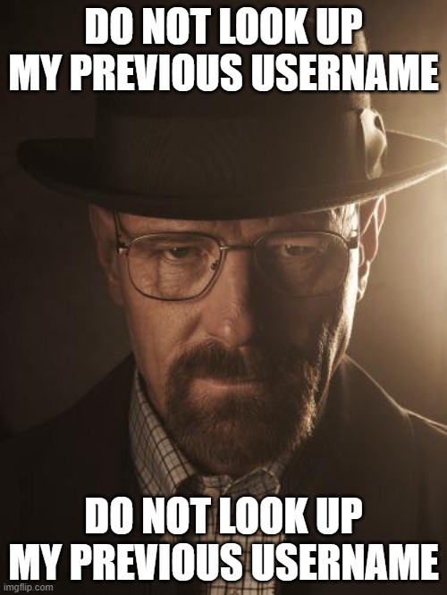 Do not look up my previous username | DO NOT LOOK UP MY PREVIOUS USERNAME; DO NOT LOOK UP MY PREVIOUS USERNAME | image tagged in walter white,do not look up my previous username | made w/ Imgflip meme maker