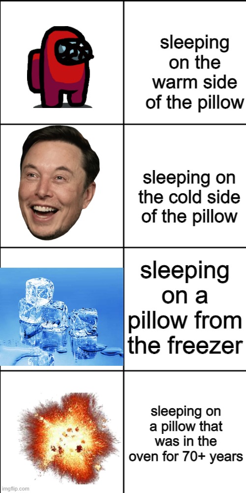 sides of a pillow chart | sleeping on the warm side of the pillow; sleeping on the cold side of the pillow; sleeping on a pillow from the freezer; sleeping on a pillow that was in the oven for 70+ years | image tagged in blank 8 square panel template | made w/ Imgflip meme maker