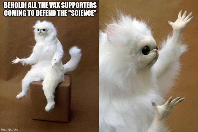 Persian Cat Room Guardian Meme | BEHOLD! ALL THE VAX SUPPORTERS COMING TO DEFEND THE "SCIENCE" | image tagged in memes,persian cat room guardian | made w/ Imgflip meme maker