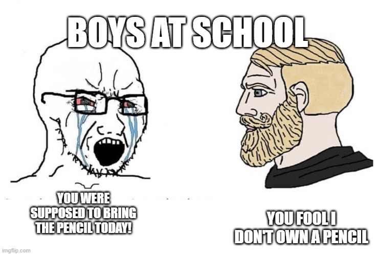 wojack cry | BOYS AT SCHOOL; YOU FOOL I DON'T OWN A PENCIL; YOU WERE SUPPOSED TO BRING THE PENCIL TODAY! | image tagged in wojack cry | made w/ Imgflip meme maker