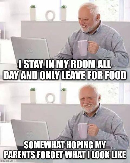 Hide the Pain Harold | I STAY IN MY ROOM ALL DAY AND ONLY LEAVE FOR FOOD; SOMEWHAT HOPING MY PARENTS FORGET WHAT I LOOK LIKE | image tagged in memes,hide the pain harold | made w/ Imgflip meme maker