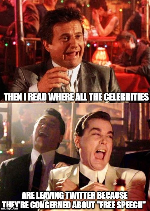 Ain't that a kick in the head? |  THEN I READ WHERE ALL THE CELEBRITIES; ARE LEAVING TWITTER BECAUSE THEY'RE CONCERNED ABOUT "FREE SPEECH" | image tagged in goodfellas,liberals,democrats,leftists,hollywood liberals,dimwits | made w/ Imgflip meme maker