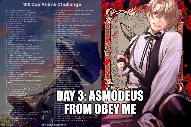 DAY 3: ASMODEUS FROM OBEY ME | image tagged in 100 day anime challenge | made w/ Imgflip meme maker