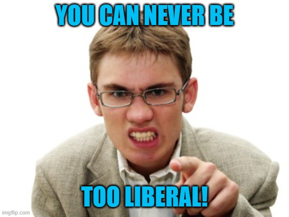 Angry Liberal | YOU CAN NEVER BE TOO LIBERAL! | image tagged in angry liberal | made w/ Imgflip meme maker