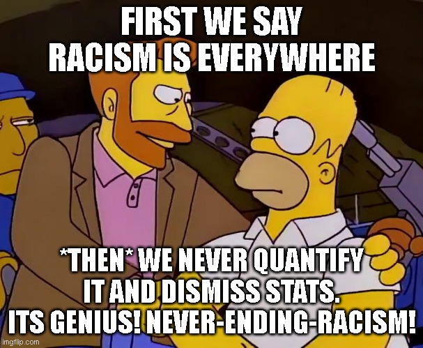 FIRST WE SAY RACISM IS EVERYWHERE *THEN* WE NEVER QUANTIFY IT AND DISMISS STATS. ITS GENIUS! NEVER-ENDING-RACISM! | image tagged in hank scorpio | made w/ Imgflip meme maker