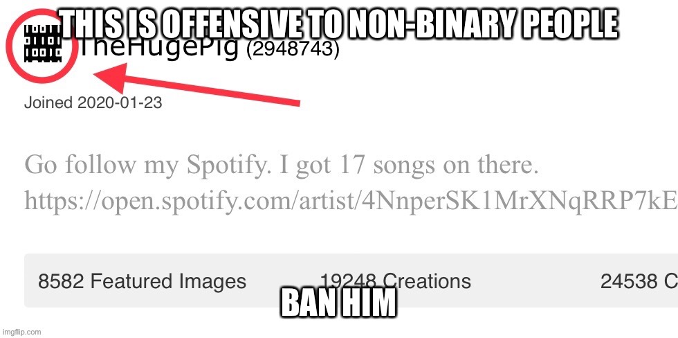 Wtf the huge pedophile a non-binary-phobe??? | THIS IS OFFENSIVE TO NON-BINARY PEOPLE; BAN HIM | made w/ Imgflip meme maker