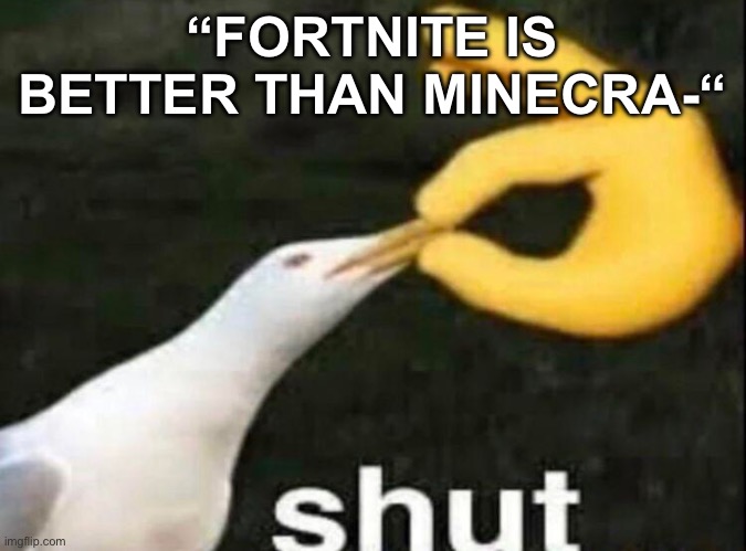 SHUT |  “FORTNITE IS BETTER THAN MINECRA-“ | image tagged in shut | made w/ Imgflip meme maker