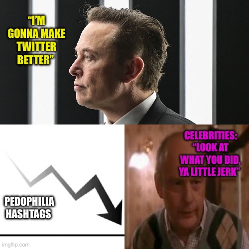 Elon Musk Little Jerk | “I’M GONNA MAKE TWITTER BETTER”; CELEBRITIES: “LOOK AT WHAT YOU DID, YA LITTLE JERK”; PEDOPHILIA HASHTAGS | image tagged in elon musk,home alone,groomers | made w/ Imgflip meme maker