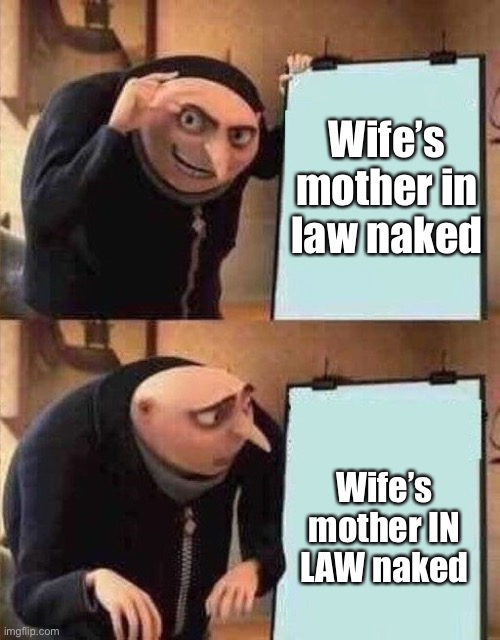 Oh no | Wife’s mother in law naked Wife’s mother IN LAW naked | image tagged in grus plan but there are only 2 panels,cursed,mother in law,wife | made w/ Imgflip meme maker