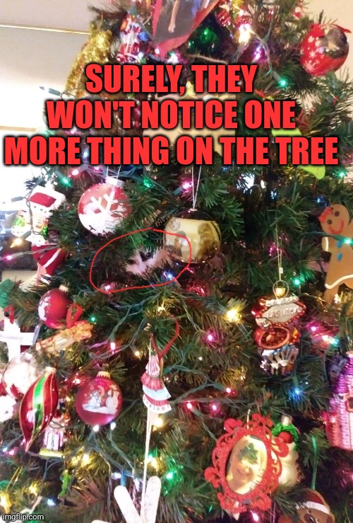 Christmas Overdone | SURELY, THEY WON'T NOTICE ONE MORE THING ON THE TREE | image tagged in christmas tree | made w/ Imgflip meme maker