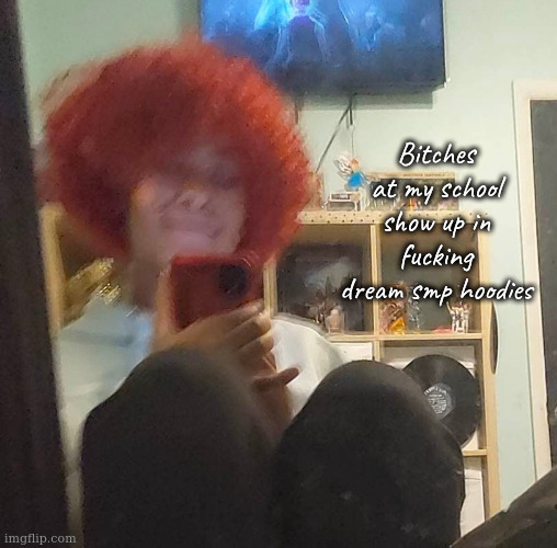 my red hair isnt even that bad man | Bitches at my school show up in fucking dream smp hoodies | image tagged in blurry photos | made w/ Imgflip meme maker