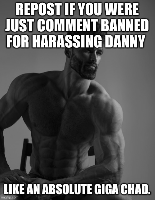 Like, just right now though. I don’t care if you were banned in the past. And if you do repost this. I respect you. | REPOST IF YOU WERE JUST COMMENT BANNED FOR HARASSING DANNY; LIKE AN ABSOLUTE GIGA CHAD. | image tagged in giga chad | made w/ Imgflip meme maker