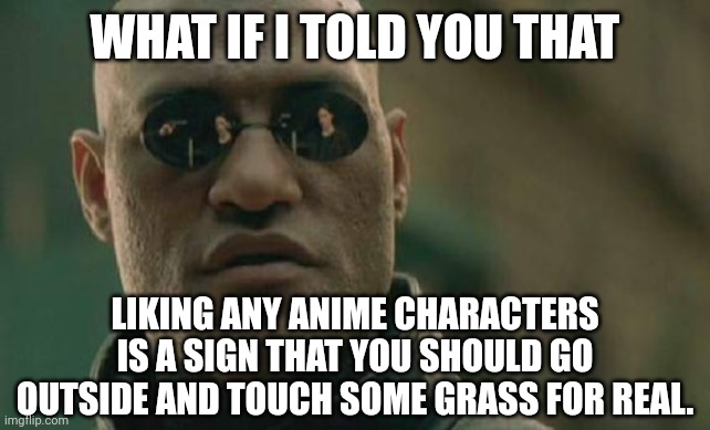 Matrix Morpheus Meme | WHAT IF I TOLD YOU THAT; LIKING ANY ANIME CHARACTERS IS A SIGN THAT YOU SHOULD GO OUTSIDE AND TOUCH SOME GRASS FOR REAL. | image tagged in memes,anime,trash | made w/ Imgflip meme maker