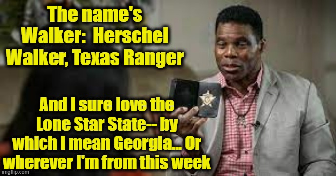 Herschel Walker, Texas Ranger | The name's Walker:  Herschel Walker, Texas Ranger; And I sure love the Lone Star State-- by which I mean Georgia... Or wherever I'm from this week | image tagged in walker texas ranger,texans,gop hypocrite,gop,maga,trump | made w/ Imgflip meme maker