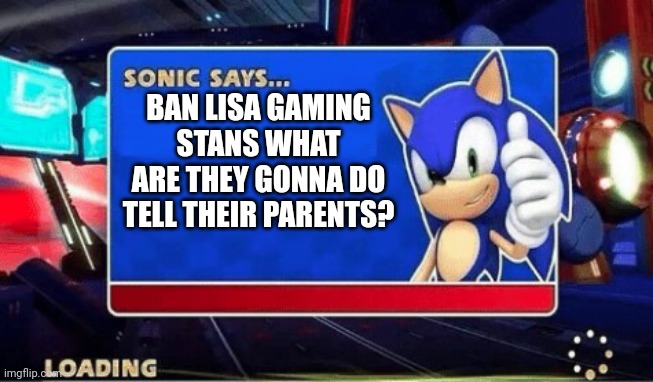 Holy crap lisa | BAN LISA GAMING STANS WHAT ARE THEY GONNA DO TELL THEIR PARENTS? | image tagged in sonic says | made w/ Imgflip meme maker