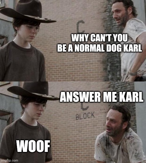 Rick and Carl | WHY CAN'T YOU BE A NORMAL DOG KARL; ANSWER ME KARL; WOOF | image tagged in memes,rick and carl | made w/ Imgflip meme maker