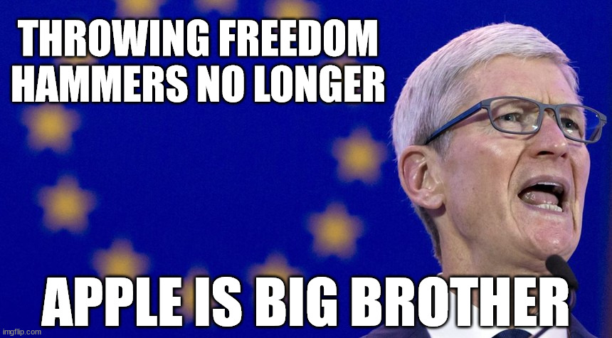 Throwing freedom hammers no longer: Apple is Big Brother | THROWING FREEDOM HAMMERS NO LONGER; APPLE IS BIG BROTHER | image tagged in apple,big brother,communism,china | made w/ Imgflip meme maker