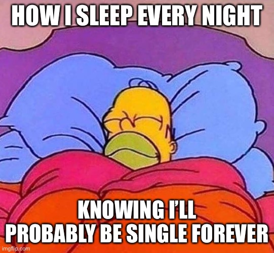 Homer Simpson sleeping peacefully | HOW I SLEEP EVERY NIGHT KNOWING I’LL PROBABLY BE SINGLE FOREVER | image tagged in homer simpson sleeping peacefully | made w/ Imgflip meme maker