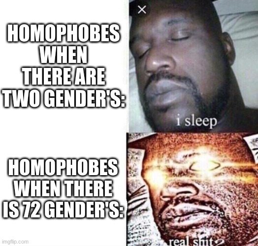 Homophobia Meme | HOMOPHOBES WHEN THERE ARE TWO GENDER'S:; HOMOPHOBES WHEN THERE IS 72 GENDER'S: | image tagged in i sleep real shit | made w/ Imgflip meme maker