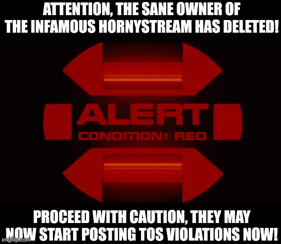 Red alert | ATTENTION, THE SANE OWNER OF THE INFAMOUS HORNYSTREAM HAS DELETED! PROCEED WITH CAUTION, THEY MAY NOW START POSTING TOS VIOLATIONS NOW! | image tagged in red alert | made w/ Imgflip meme maker