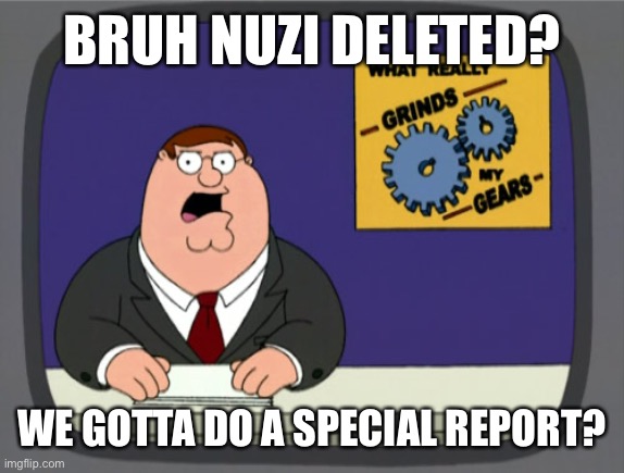 Peter Griffin News | BRUH NUZI DELETED? WE GOTTA DO A SPECIAL REPORT? | image tagged in memes,peter griffin news | made w/ Imgflip meme maker