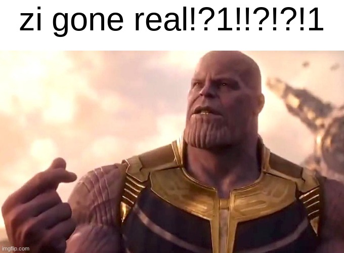 thanos snap | zi gone real!?1!!?!?!1 | image tagged in thanos snap | made w/ Imgflip meme maker