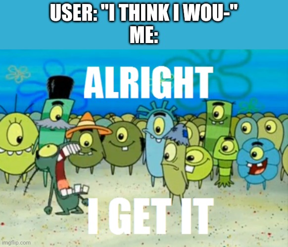 Please, just stop. Please | USER: "I THINK I WOU-"
ME: | image tagged in alright i get it | made w/ Imgflip meme maker