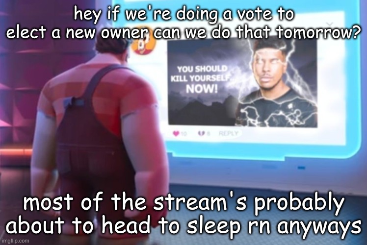hey if we're doing a vote to elect a new owner can we do that tomorrow? most of the stream's probably about to head to sleep rn anyways | made w/ Imgflip meme maker