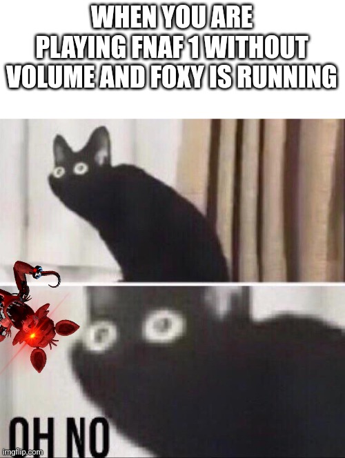 PAIN 4.0 | WHEN YOU ARE PLAYING FNAF 1 WITHOUT VOLUME AND FOXY IS RUNNING | image tagged in oh no cat | made w/ Imgflip meme maker