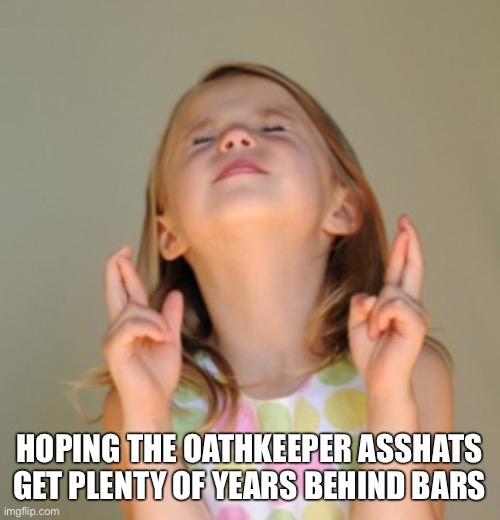 fingers crossed | HOPING THE OATHKEEPER ASSHATS GET PLENTY OF YEARS BEHIND BARS | image tagged in fingers crossed | made w/ Imgflip meme maker