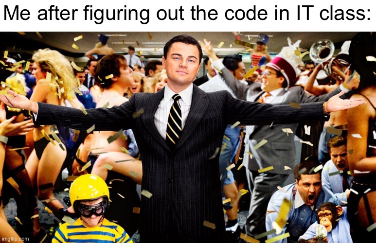 Yes, i suck at coding | Me after figuring out the code in IT class: | image tagged in wolf party,memes,relatable | made w/ Imgflip meme maker