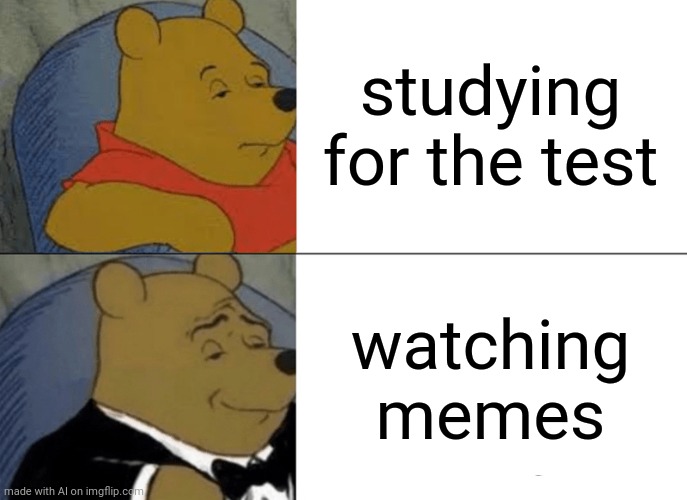 That's straight up relatable | studying for the test; watching memes | image tagged in memes,tuxedo winnie the pooh | made w/ Imgflip meme maker