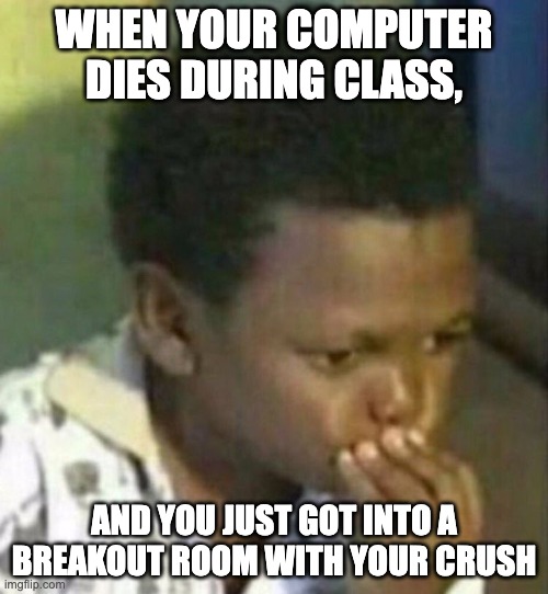 When you computer dies during a zoom meeting | WHEN YOUR COMPUTER DIES DURING CLASS, AND YOU JUST GOT INTO A BREAKOUT ROOM WITH YOUR CRUSH | image tagged in zoom,crush | made w/ Imgflip meme maker