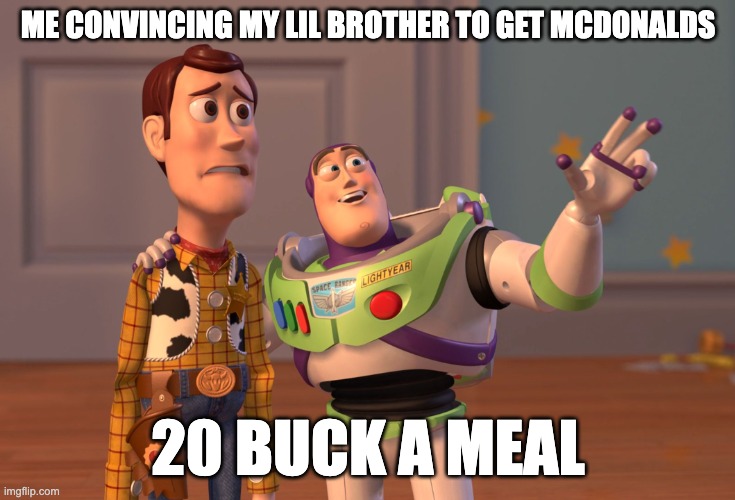 i don't have a brother | ME CONVINCING MY LIL BROTHER TO GET MCDONALDS; 20 BUCK A MEAL | image tagged in memes,x x everywhere | made w/ Imgflip meme maker