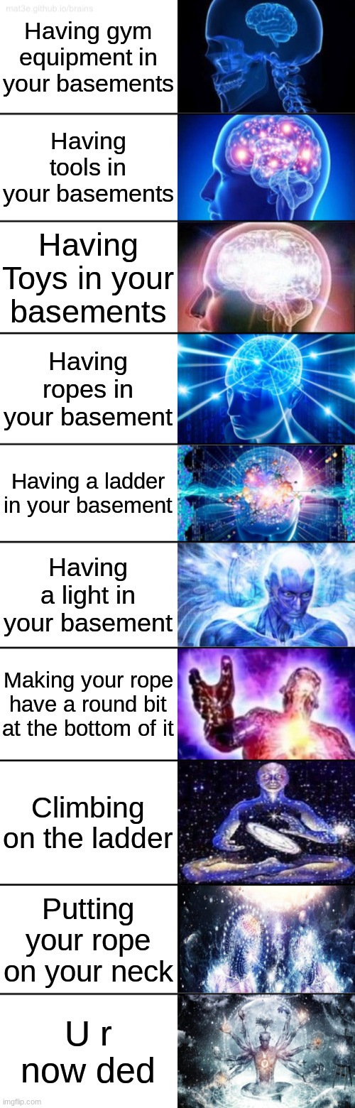 CALM DOWN ITS JUST A JOKE DONT ACTUALLY DO THIS!!! | Having gym equipment in your basements; Having tools in your basements; Having Toys in your basements; Having ropes in your basement; Having a ladder in your basement; Having a light in your basement; Making your rope have a round bit at the bottom of it; Climbing on the ladder; Putting your rope on your neck; U r now ded | image tagged in 10-tier expanding brain | made w/ Imgflip meme maker