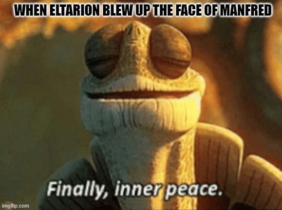Finally, inner peace. | WHEN ELTARION BLEW UP THE FACE OF MANFRED | image tagged in manfred,aos,age of sigmar,elves,finally inner peace,eltharion | made w/ Imgflip meme maker