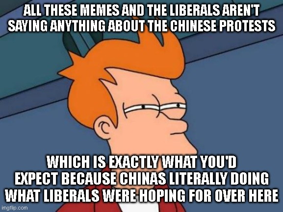 Futurama Fry | ALL THESE MEMES AND THE LIBERALS AREN'T SAYING ANYTHING ABOUT THE CHINESE PROTESTS; WHICH IS EXACTLY WHAT YOU'D EXPECT BECAUSE CHINAS LITERALLY DOING WHAT LIBERALS WERE HOPING FOR OVER HERE | image tagged in memes,futurama fry | made w/ Imgflip meme maker