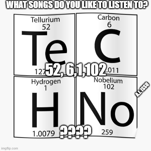 Techno | WHAT SONGS DO YOU LIKE TO LISTEN TO? 52, 6,1,102; A.I. ISSU; ???? | image tagged in techno | made w/ Imgflip meme maker