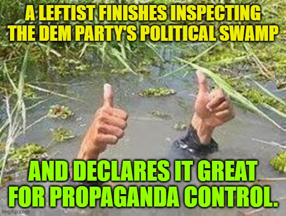 Leftist propaganda for everyone! | A LEFTIST FINISHES INSPECTING THE DEM PARTY'S POLITICAL SWAMP; AND DECLARES IT GREAT FOR PROPAGANDA CONTROL. | image tagged in flooding thumbs up | made w/ Imgflip meme maker