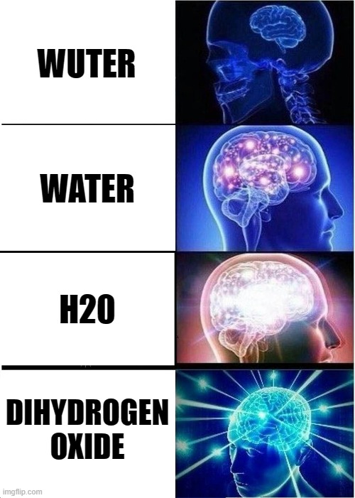 Expanding Brain Meme | WUTER; WATER; H20; DIHYDROGEN OXIDE | image tagged in memes,expanding brain | made w/ Imgflip meme maker