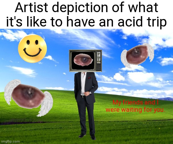 Don't do drugs, kids! | Artist depiction of what it's like to have an acid trip; My friends and I were waiting for you. | image tagged in weirdcore,acid,don't do drugs,memes | made w/ Imgflip meme maker