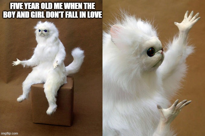 that is a sin | FIVE YEAR OLD ME WHEN THE BOY AND GIRL DON'T FALL IN LOVE | image tagged in memes,persian cat room guardian,funny | made w/ Imgflip meme maker