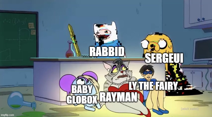 RAYMAN RAVING RABBIDS GBA BE LIKE | SERGEUI; RABBID; LY THE FAIRY; RAYMAN; BABY GLOBOX | image tagged in pibby hiding from finn and jake | made w/ Imgflip meme maker