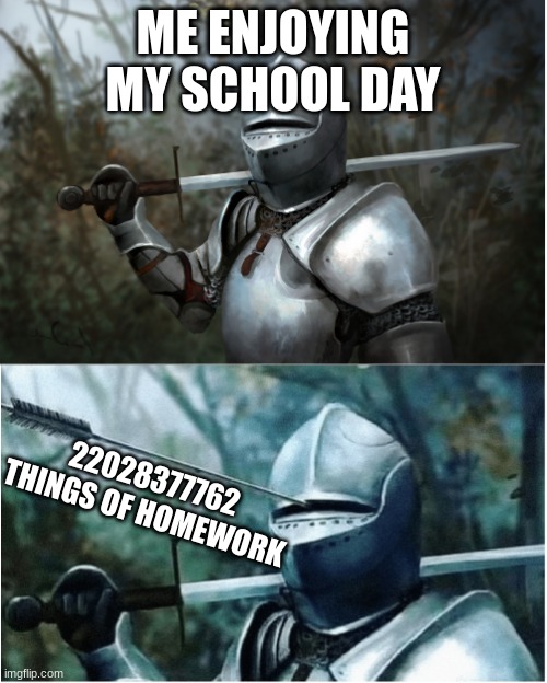 qefrdghjgfdsa | ME ENJOYING MY SCHOOL DAY; 22028377762 THINGS OF HOMEWORK | image tagged in knight with arrow in helmet | made w/ Imgflip meme maker