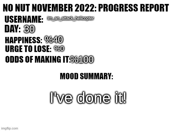 yessss | Im_an_attack_helicopter; 30; %40; %0; %100; I've done it! | image tagged in no nut november 2022 progress report | made w/ Imgflip meme maker