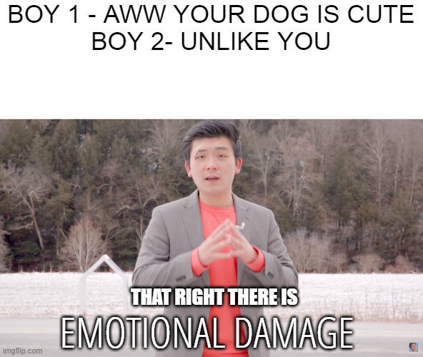 dat rhy dere is,emotional damage | BOY 1 - AWW YOUR DOG IS CUTE
BOY 2- UNLIKE YOU; THAT RIGHT THERE IS; EMOTIONAL DAMAGE | image tagged in emotional damage | made w/ Imgflip meme maker